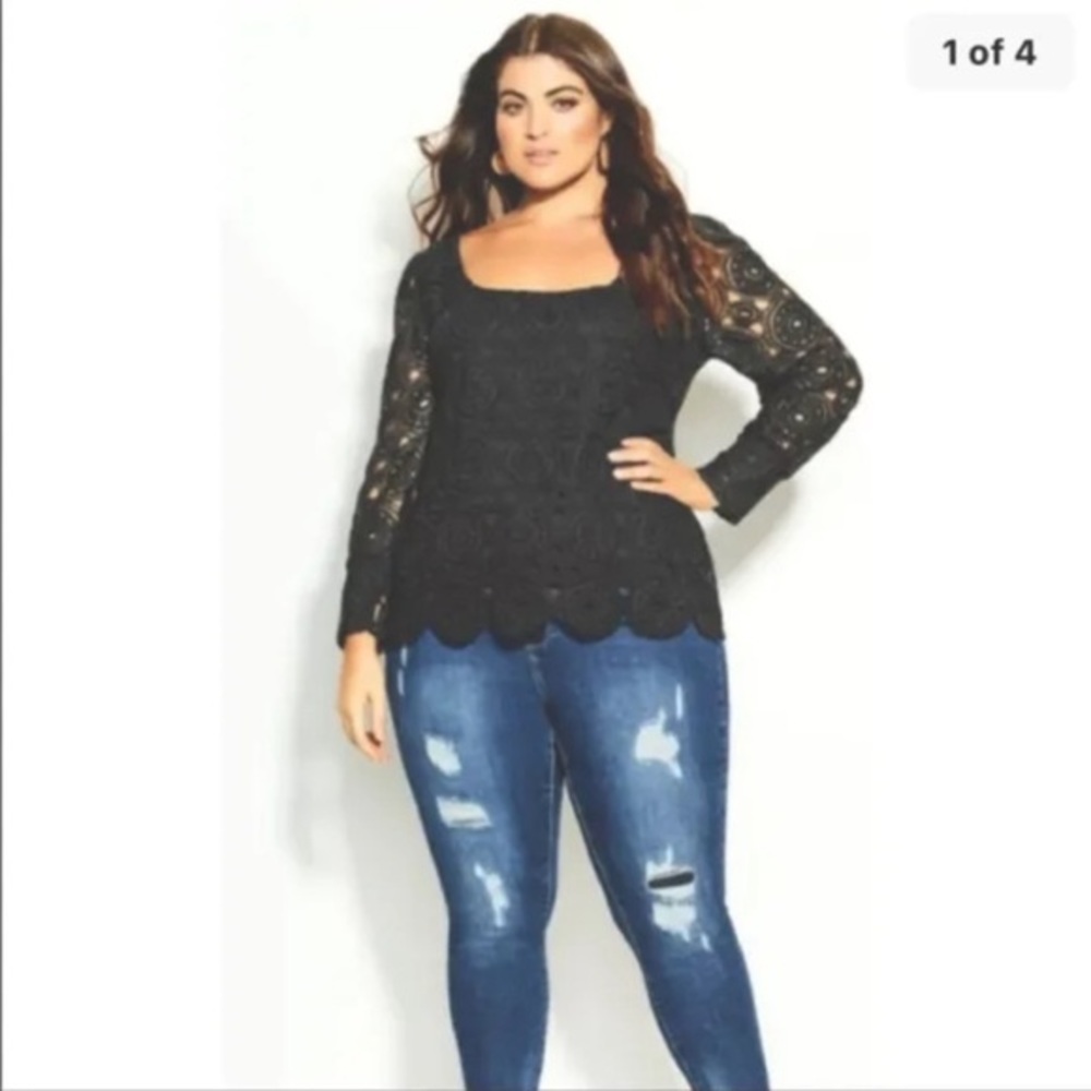 NWT City Chic Black Lace Blouse Bohemian Crochet Size S / 16